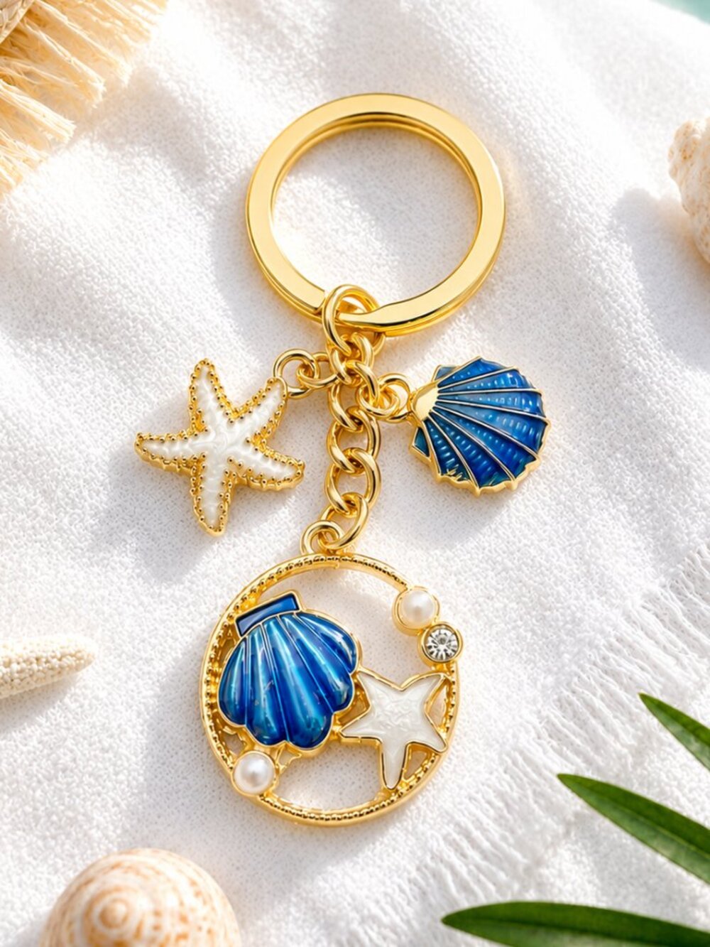 Gold Plated Blue Seashell Starfish Faux Pearl Rhinestone Keychain Bag Charm NEW